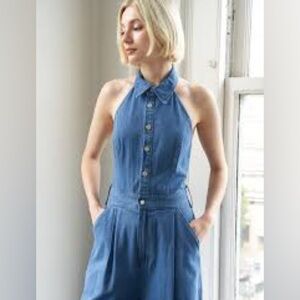 Halter style Linen denim romper w safari resort beach vacay vibe